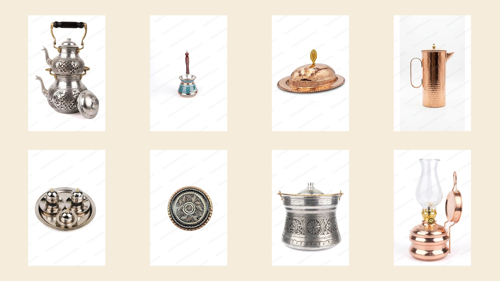 Handmade Turkish copper cezve, teapot, kayık, pitcher and more — product collage