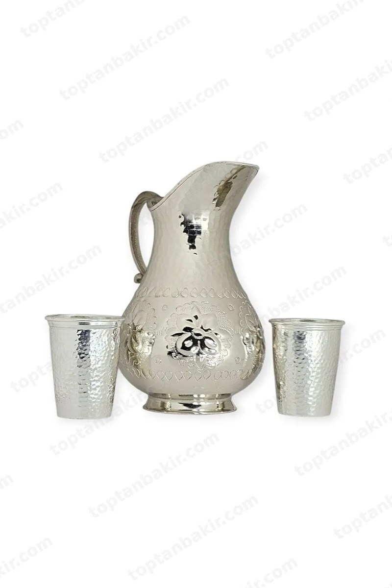 Handcrafted Silver-Tone Engraved Floral Copper Pitcher & 2 Cup Set